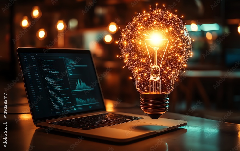 Poster a glowing light bulb floating above a laptop, representing the spark of a new business idea with dyn