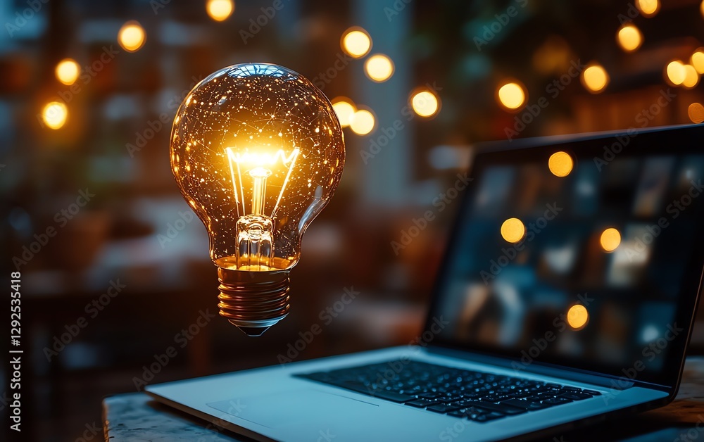 Poster a glowing light bulb floating above a laptop, representing the spark of a new business idea with dyn