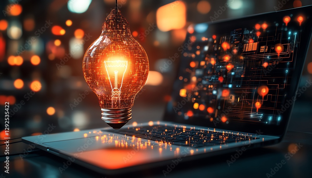 Poster a glowing light bulb levitating above a laptop, with abstract digital elements and circuit patterns,