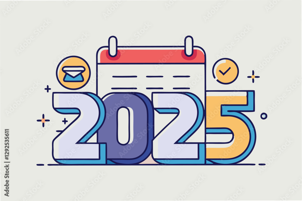 Aufkleber creative design showcasing the years 2025 in bold typography with vibrant colors and shapes against 