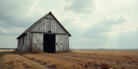 Obraz premium Rustic weathered barn stands solitary in a vast, golden field under a pale sky