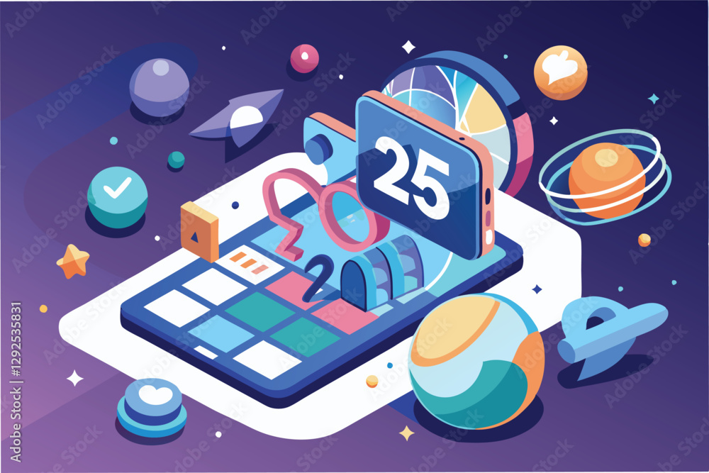 Poster digital marketing concepts illustrated with vibrant graphics showcasing mobile applications and onli