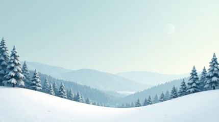 Serene Winter Landscape Snow-Covered Hills and Evergreen Trees Under a Pale Sky