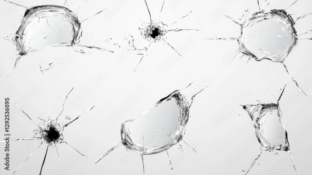 Poster broken glass with cracks and hole from impact or bullet. vector realistic set of rectangle clear acr