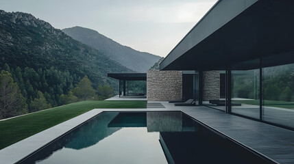 Fototapeta premium Elegant mountain retreat in Mallorca, combining modern aesthetics with Mediterranean landscapes.