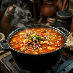  Hearty Soup Boiling in a Rustic Pot Filled with Meat and Vegetables in a Cozy Kitchen
