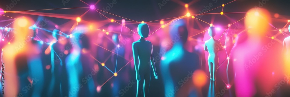 Poster colorful 3d avatars create a vibrant digital community connected through glowing network lines. gene