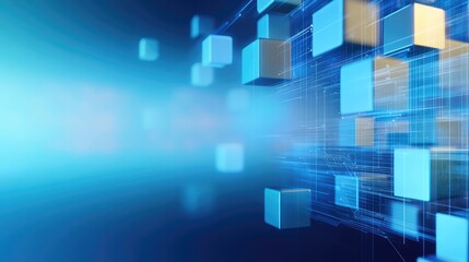 Blue Technological Background with Floating Cubes Representing Digital Data and Innovation