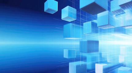Blue Technological Background with Floating Cubes Representing Digital Data and Innovation