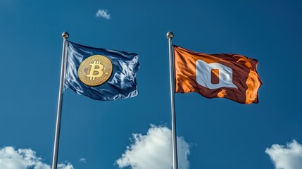 Two flags, one with a bitcoin symbol, the other with an unknown symbol, waving in a clear blue sky.
