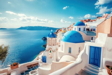 Obraz premium Scenic view of Santorini featuring blue domed churches and stunning coastline with clear skies. Generative AI