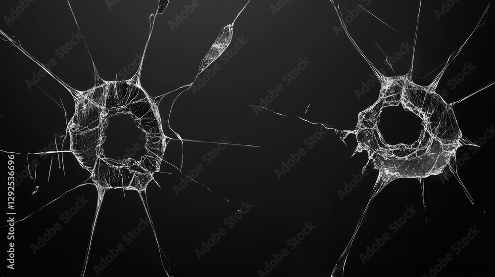 Poster broken glass with cracks and hole from impact or bullet. vector realistic set of rectangle clear acr