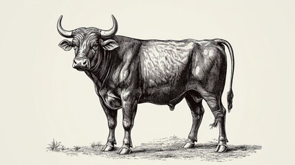 Vintage illustration of a bull, standing, detailed anatomical study.