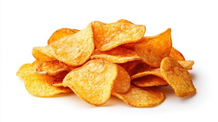 A pile of golden, crispy potato chips resting on a white background, showcasing their irregular shapes and textures.
