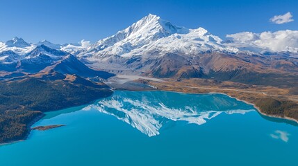 Snow Capped Mountain Lake Reflection Aerial View