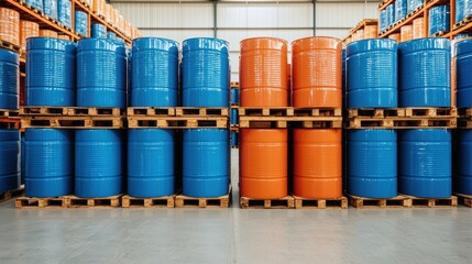 A warehouse filled with neatly stacked blue and orange barrels on pallets, showcasing a well-organized storage space.