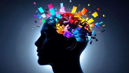 A dark silhouette of a head with colorful thoughts