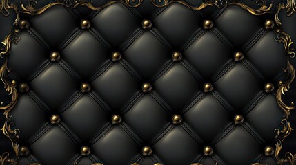 Dark luxurious black quilted leather texture with gold accents, decorative frame.