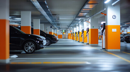 Underground parking banner with isometric basement garage with cars, lots, columns and charger stations for electric vehicles. Vector landing page of auto parking in mall or city house