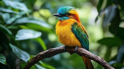 Obraz premium Vibrant blue-crowned motmot perched on a branch in lush foliage.
