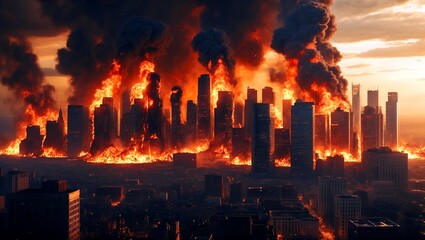 Obraz premium Burning skyline in an apocalyptic cityscape