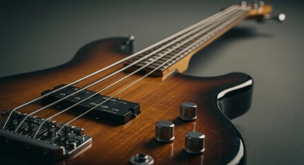 Fototapeta premium Elegant detail shot showcasing a sunburst finish electric bass guitar