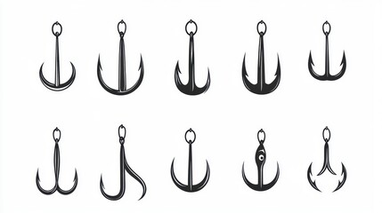 Set of various fishing hooks and anchors.