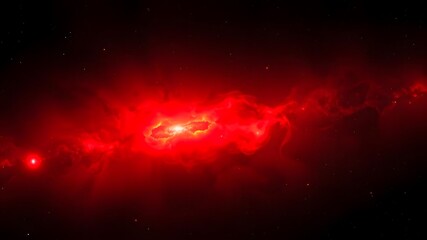 Fototapeta premium A glowing red and orange nebula in deep space, with stars peeking through cosmic dust, creating an intense and fiery galactic