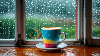 Fototapeta premium Cozy coffee cup on colorful rainy day window