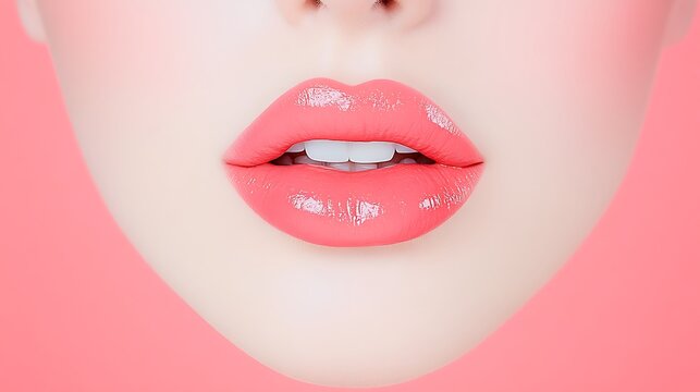 Close-up Digital Painting of Glossy Pink Lips Against a Coral Background AI Generated