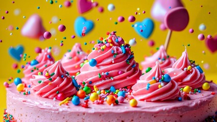 Delightful pink frosted cake with colorful sprinkles