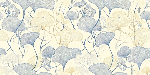 seamless wallpaper featuring intricate ginkgo biloba leaf designs in soft beige, blue, and gold hues
