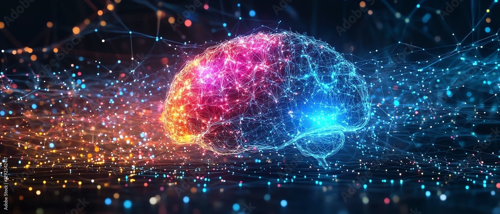 Poster digital brain glowing with vibrant colors and intricate neural connections, representing the fusion 