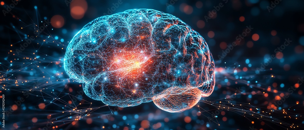 Poster digital brain glowing with vibrant colors and intricate neural connections, representing the fusion 
