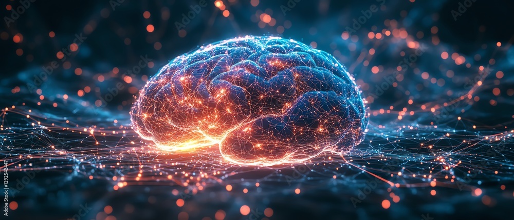 Poster digital brain glowing with vibrant colors and intricate neural connections, representing the fusion 