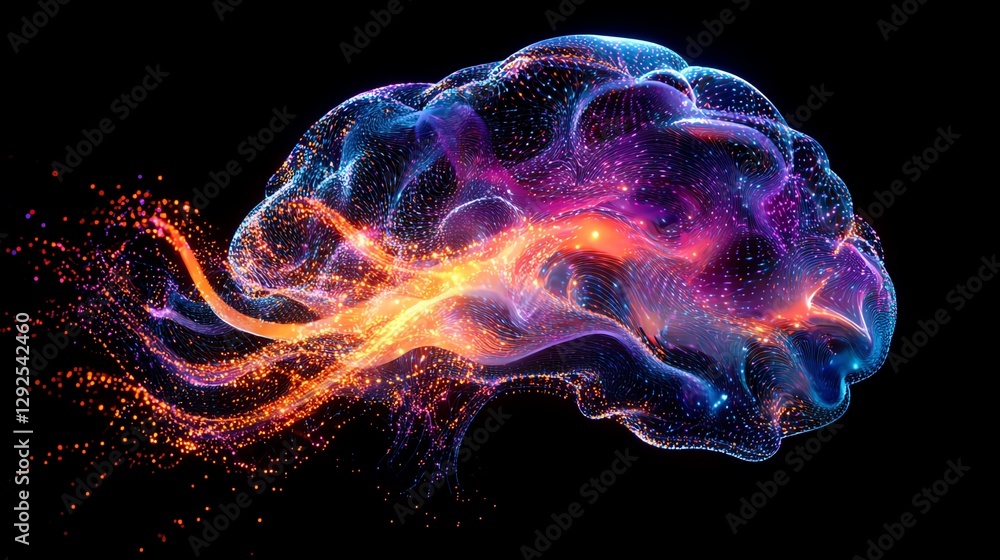 Poster digital representation of a brain with vibrant, glowing neural pathways and abstract patterns, showc