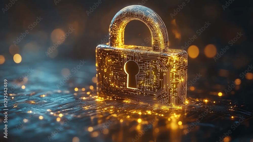 Poster futuristic golden padlock with digital circuits and encryption symbols, ensuring robust password sec