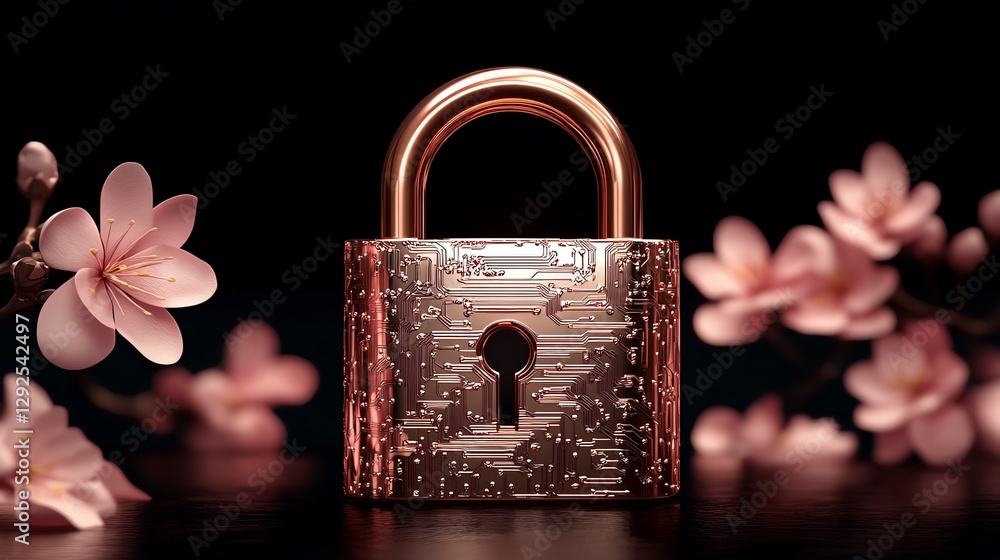Poster futuristic golden padlock with digital circuits and encryption symbols, ensuring robust password sec