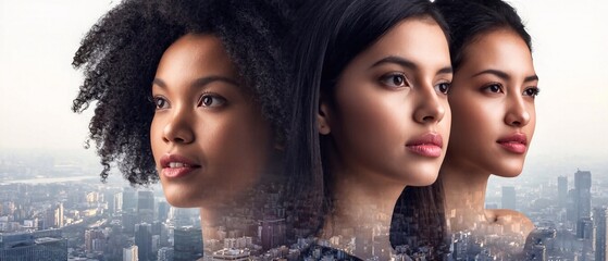 Obraz premium Three women of different ethnicities in profile, their faces merging with a vibrant metropolis, representing diversity, progress, and the fast-paced city lifestyle.
