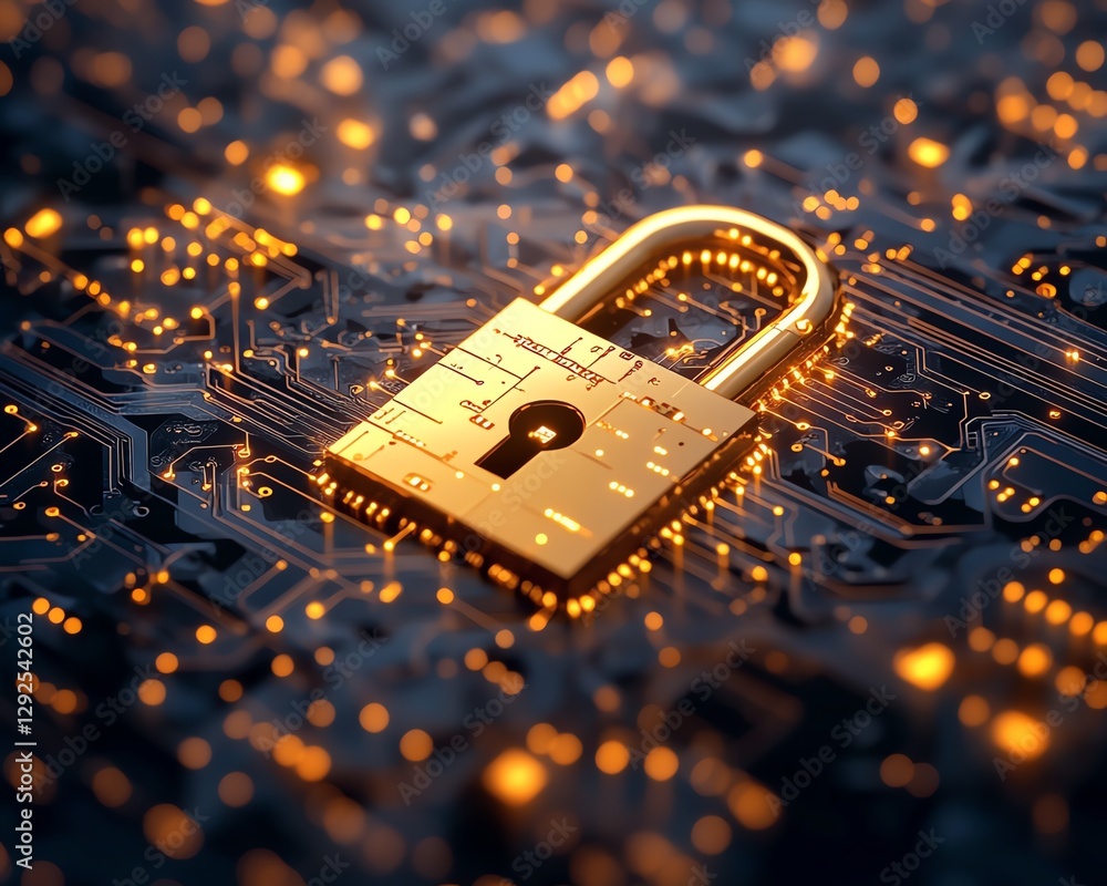 Poster golden padlock with electronic circuits and glowing digital patterns, symbolizing nextgeneration dat