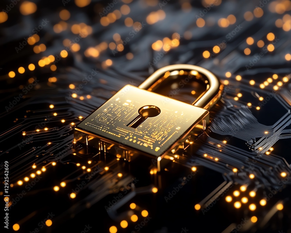 Aufkleber golden padlock with intricate electronic circuits, glowing with digital patterns, symbolizing advanc