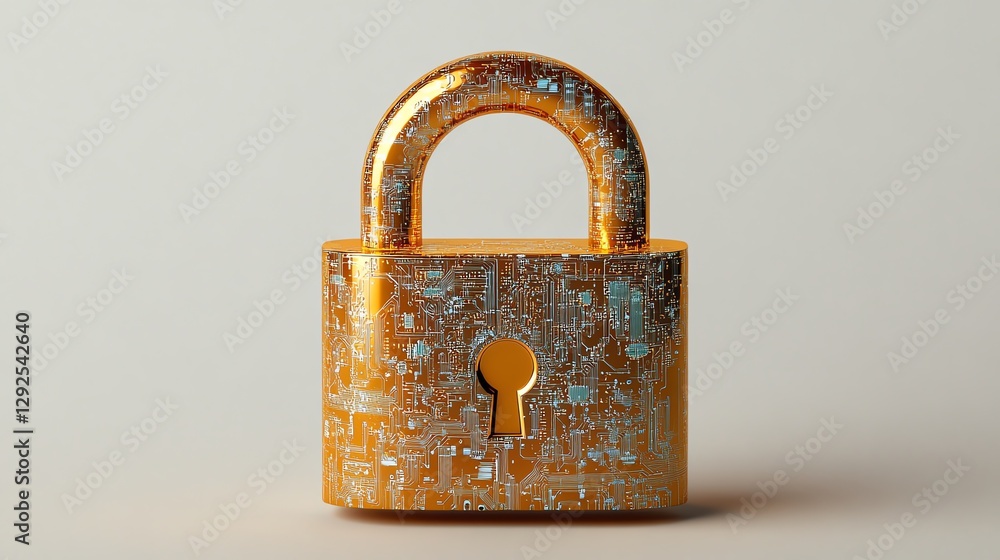 Poster hightech golden padlock with embedded electronic circuits, representing digital security, encryption