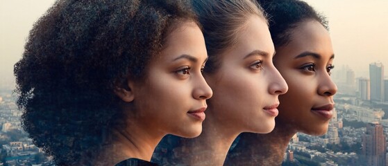Obraz premium A powerful blend of female profiles and city architecture, representing strength, ambition, and the role of women in shaping the future.