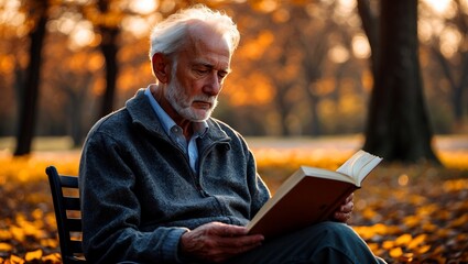 Fototapeta premium Elderly man enjoying autumn reading in peace
