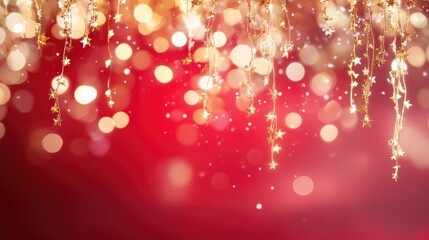 Lunar New Year Stage Background with Red Gradient, Golden Light Rain Curtain, and Fireworks Effects