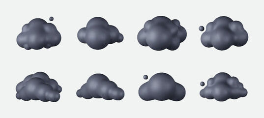 3D Cartoon clouds in dark. Soft, Puffy Cumulus Shapes in a Fun Style. Dark, Round, and Smooth Render Elements, Perfect for Weather Icons, Cloud Scenes, and Cute Meteorology Graphics.