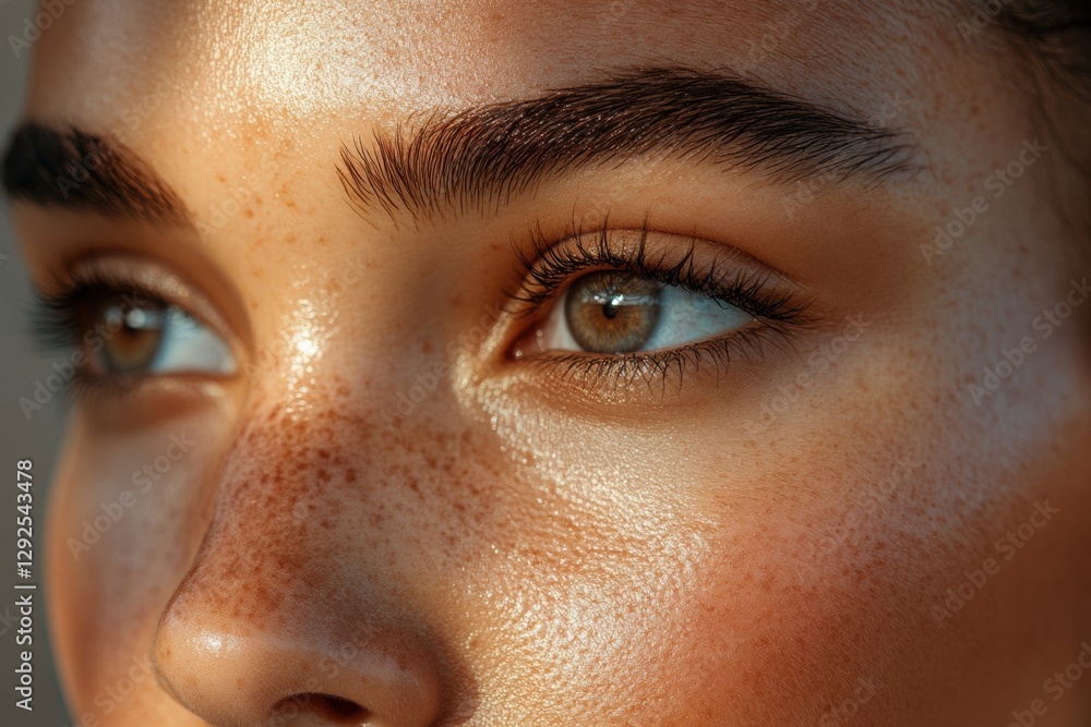 Poster close up of a womans face demonstrating contrast between aged and youthful skin in a clinical settin