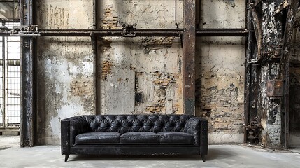 Black Leather Chesterfield Sofa in a Rustic Industrial Setting