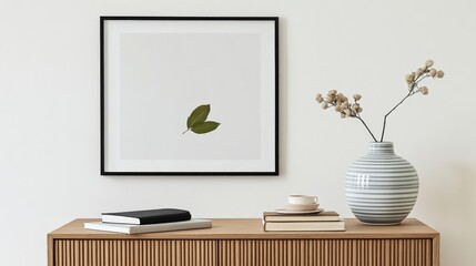 Simple and clean interior decoration, vases placed on wooden cabinets