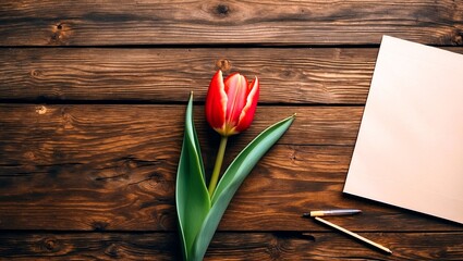 Fototapeta premium Elegant red tulip on rustic table with blank paper